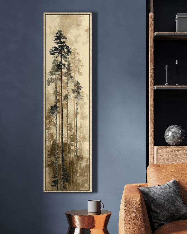 Vertical canvas wall art in interior setting.