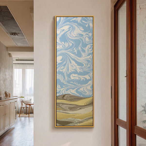 Vertical canvas wall art in interior setting.