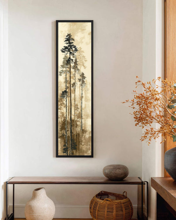 Vertical canvas wall art in interior setting.