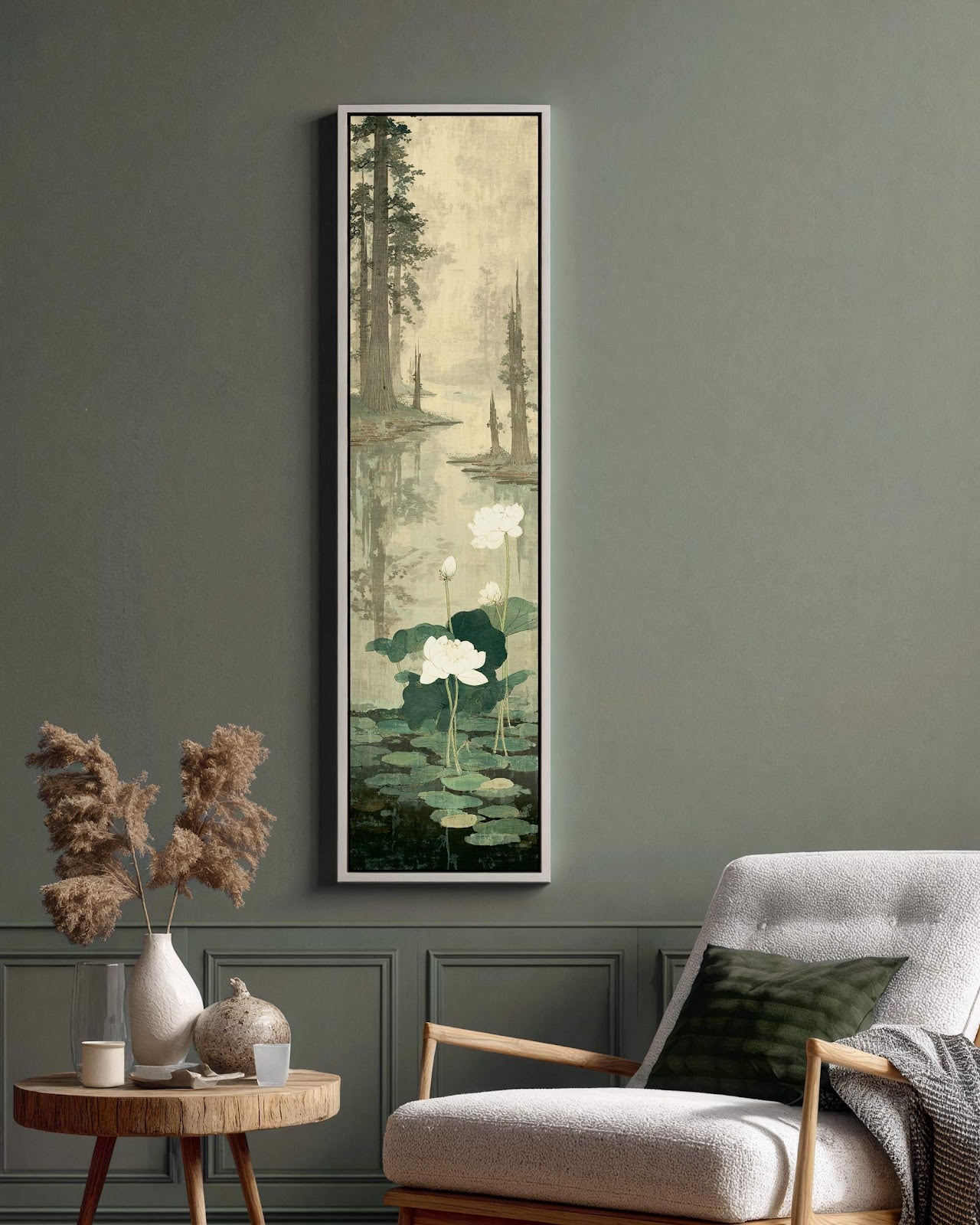 Vertical canvas wall art in interior setting.