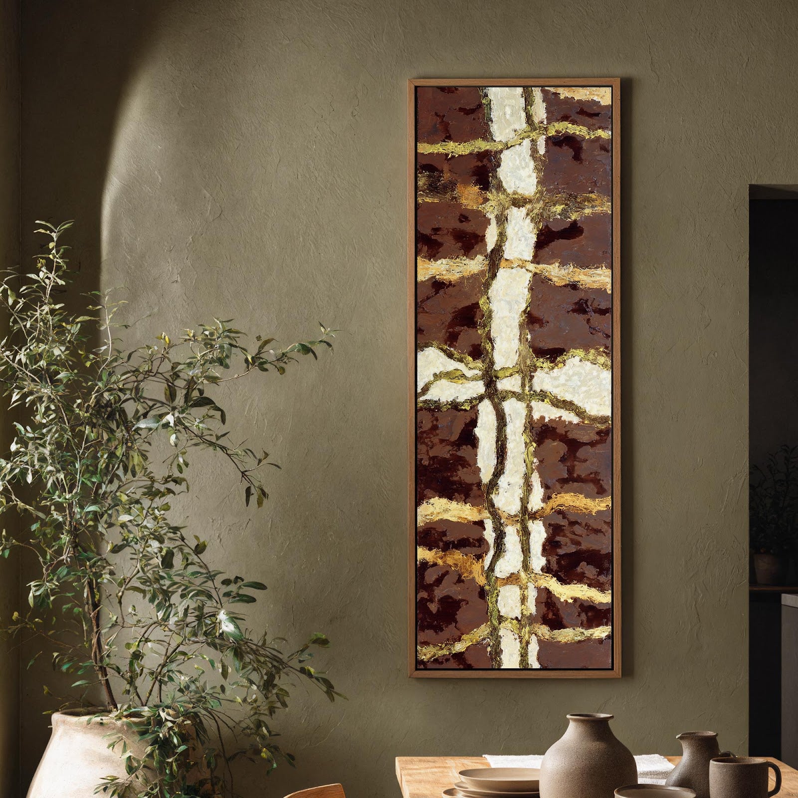 Vertical canvas wall art in interior setting.