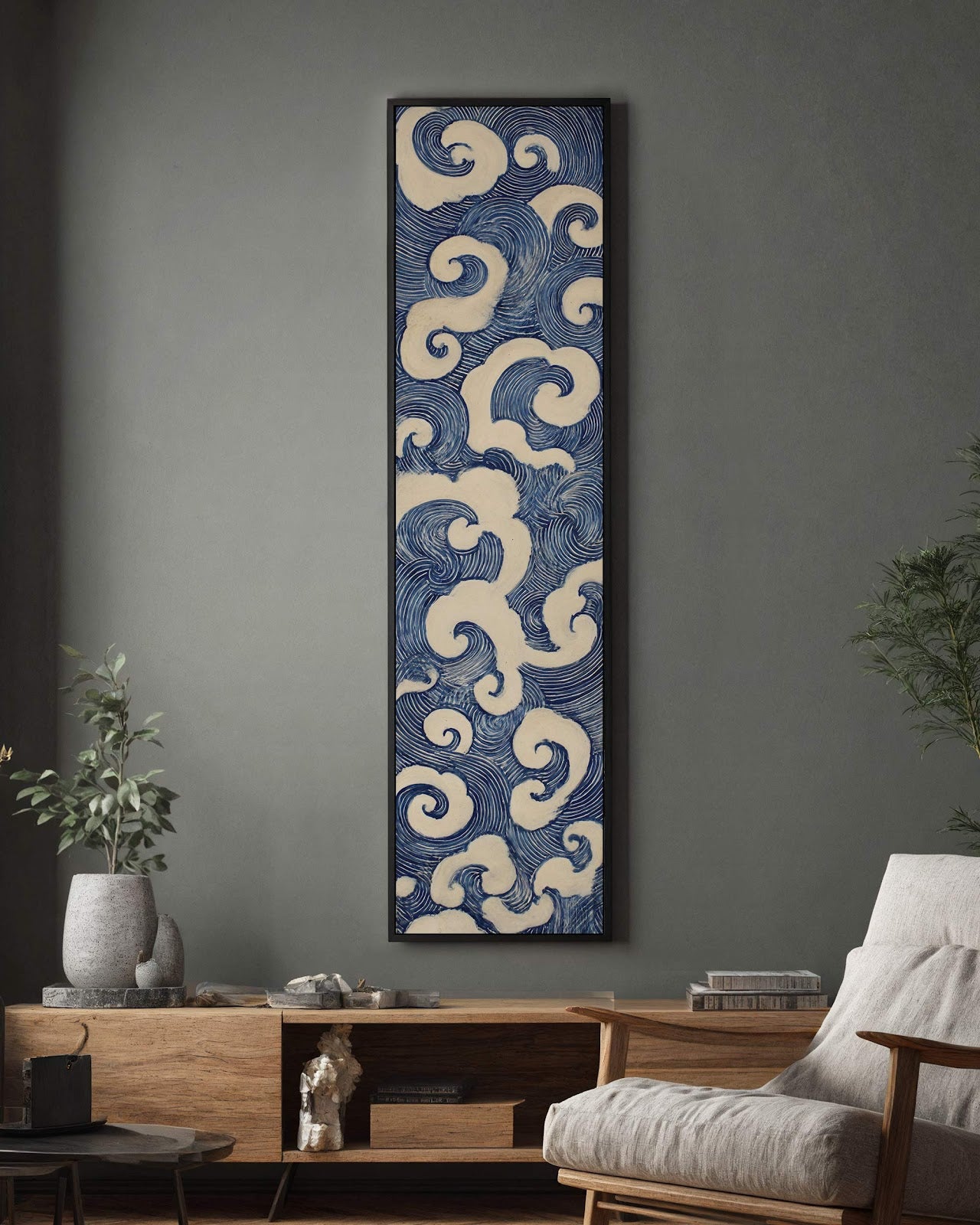 Vertical canvas wall art in interior setting.