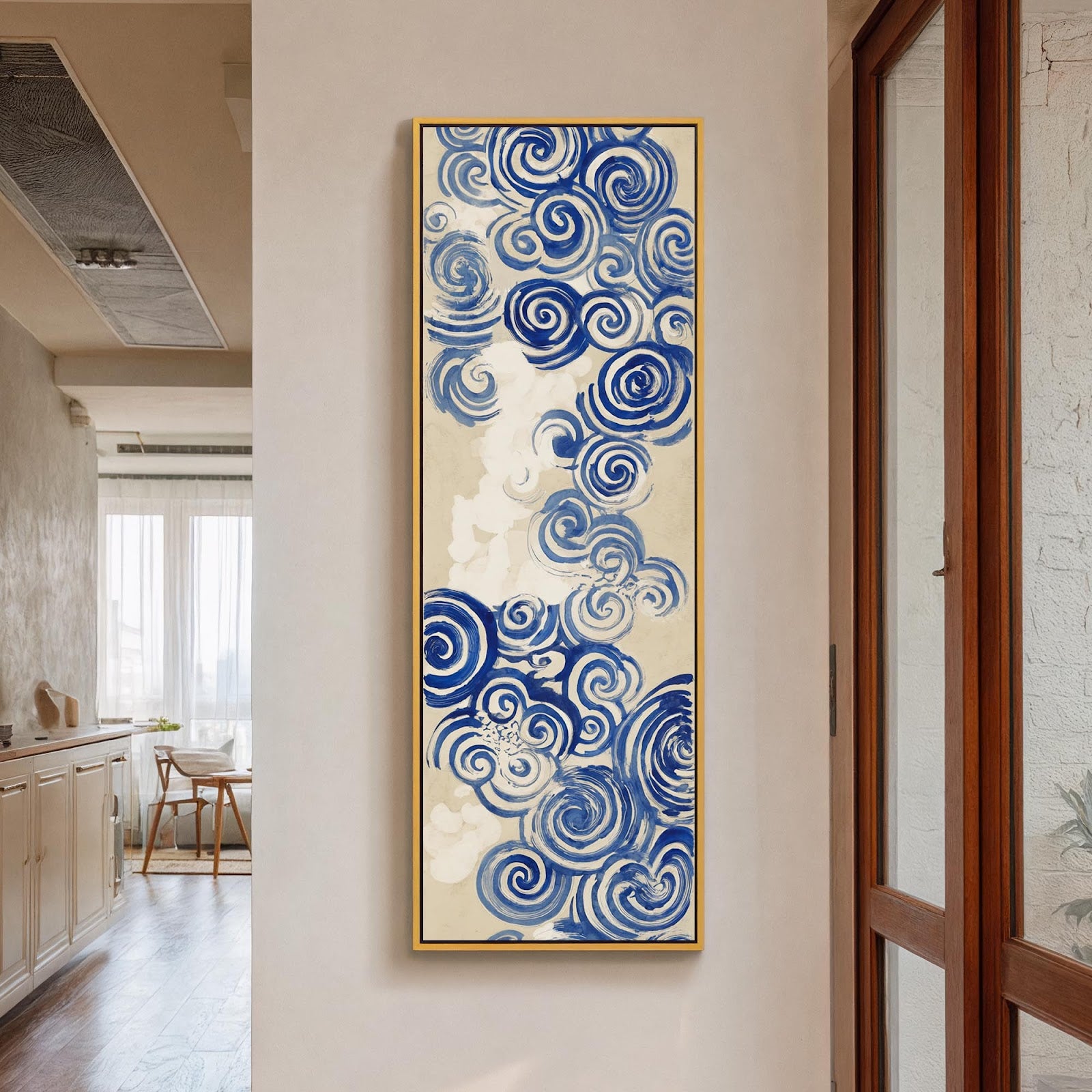 Vertical canvas wall art in interior setting.