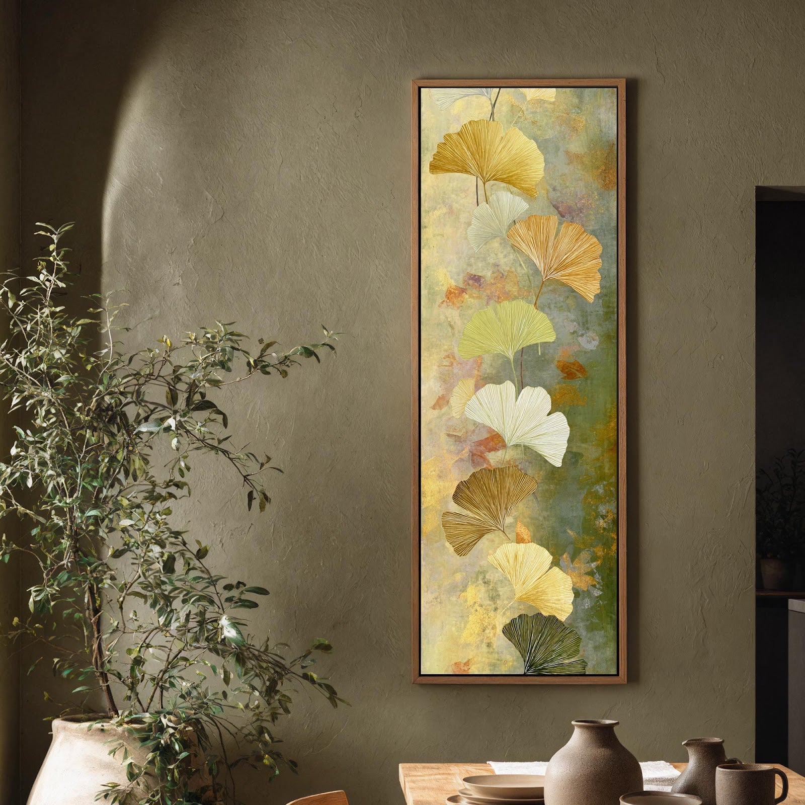 Vertical canvas wall art in interior setting.