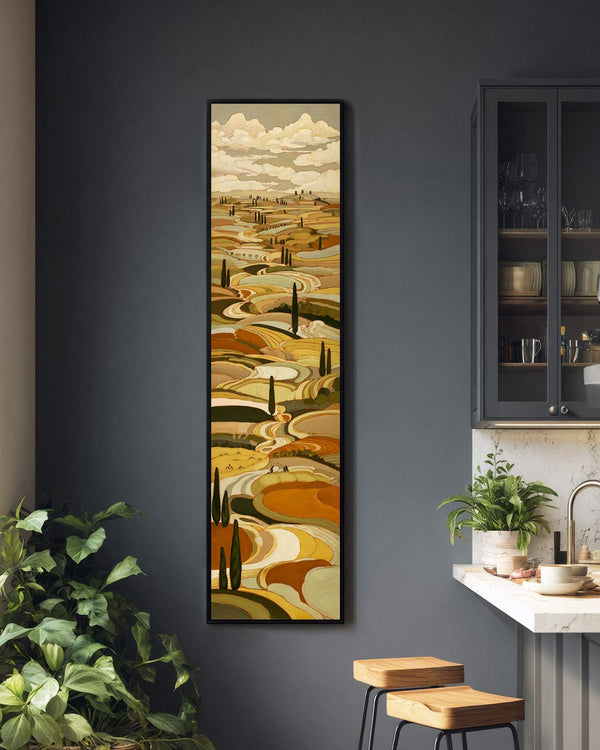 Vertical canvas wall art in interior setting.