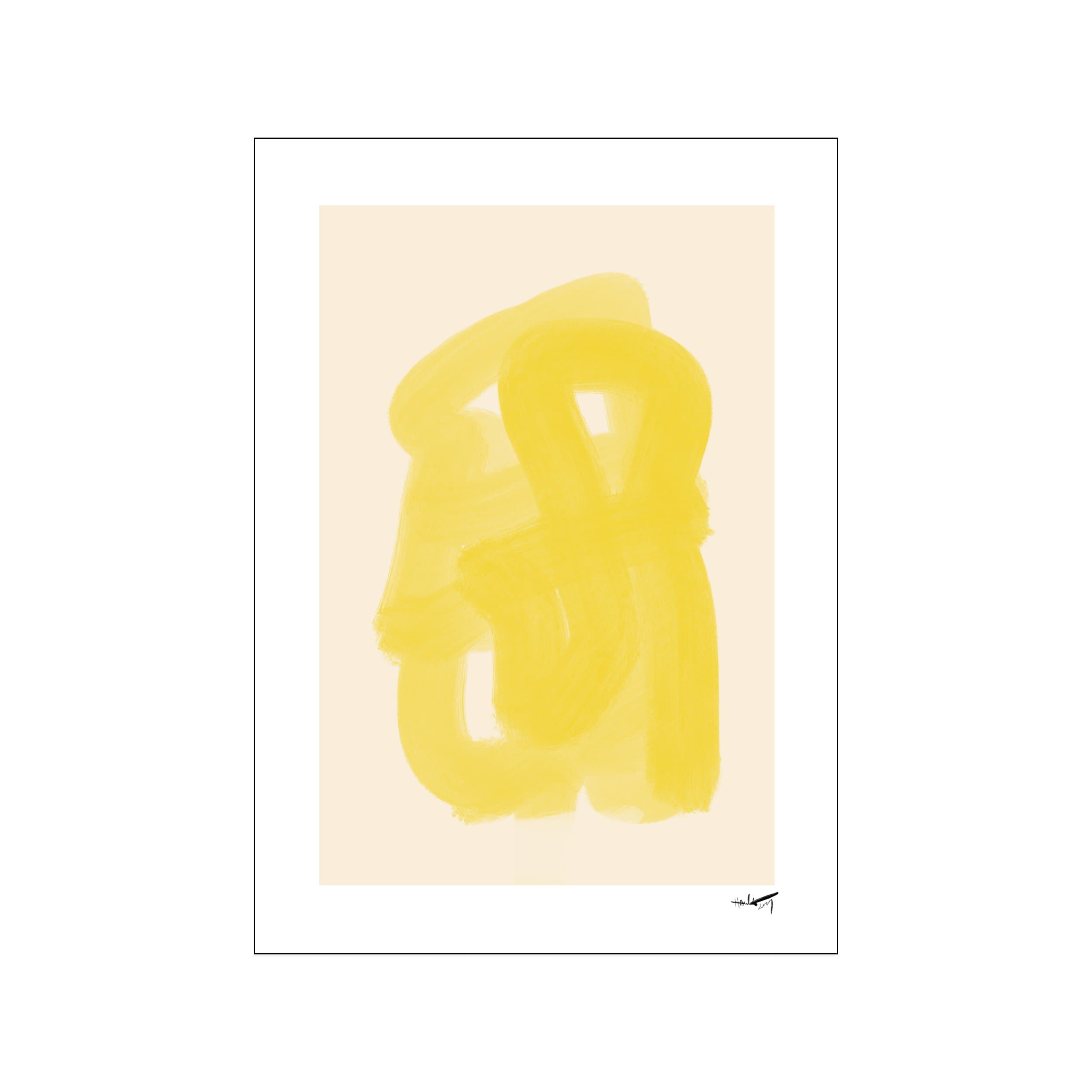 Abstract yellow brushstroke loops on a cream background with a small signature at lower right