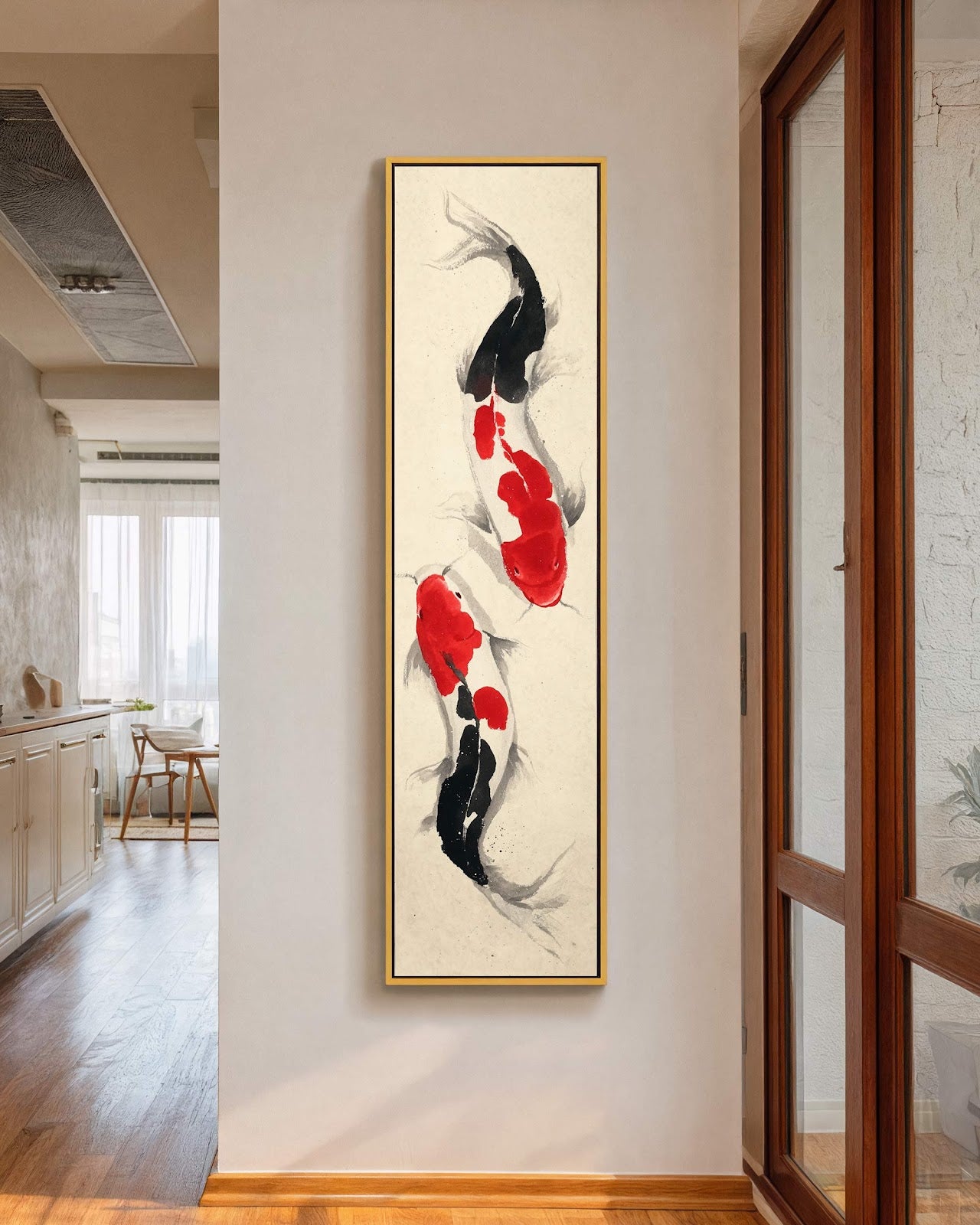 Vertical canvas wall art in interior setting.