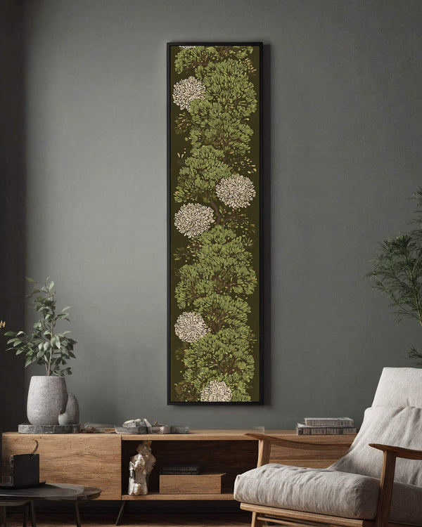 Vertical canvas wall art in interior setting.
