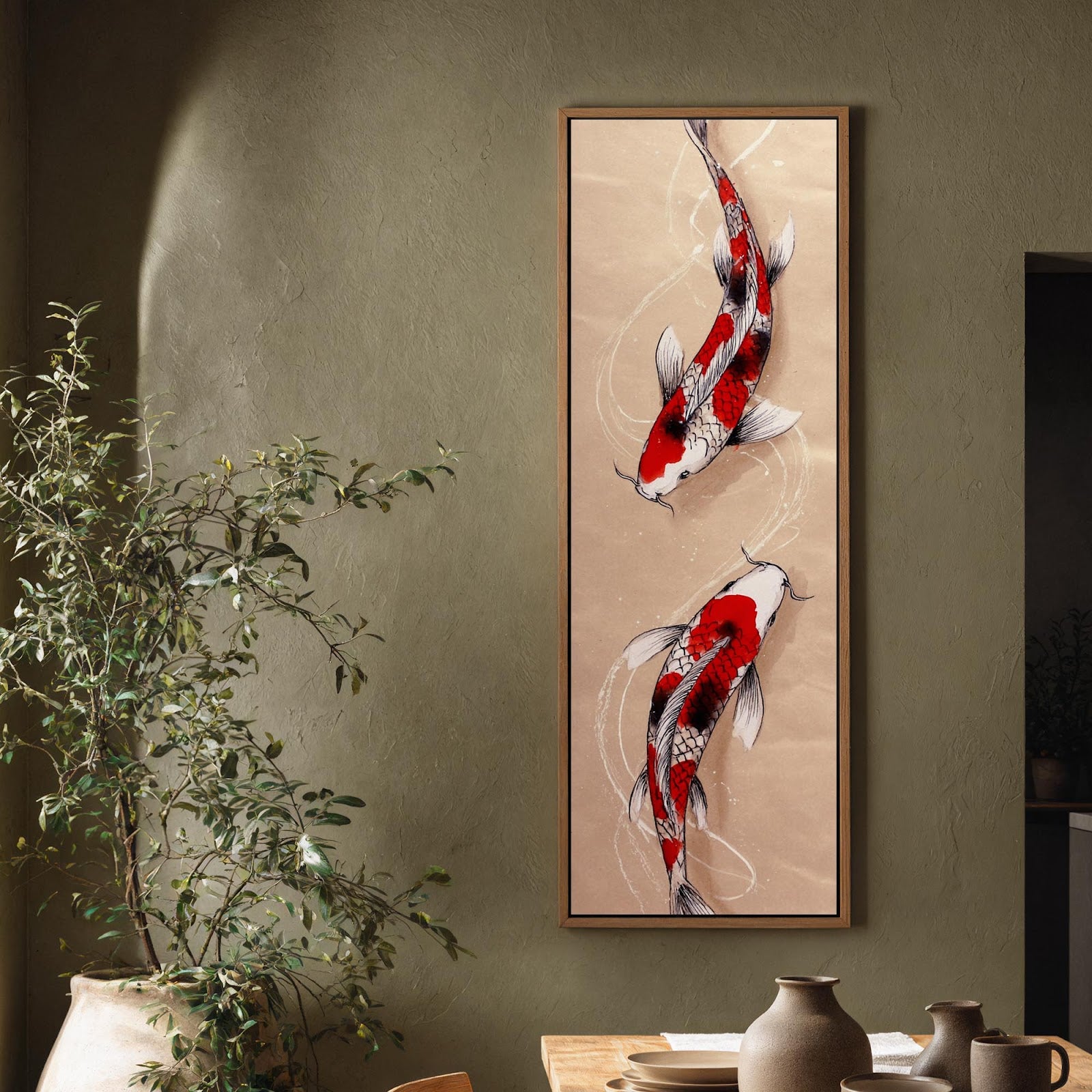 Vertical canvas wall art in interior setting.
