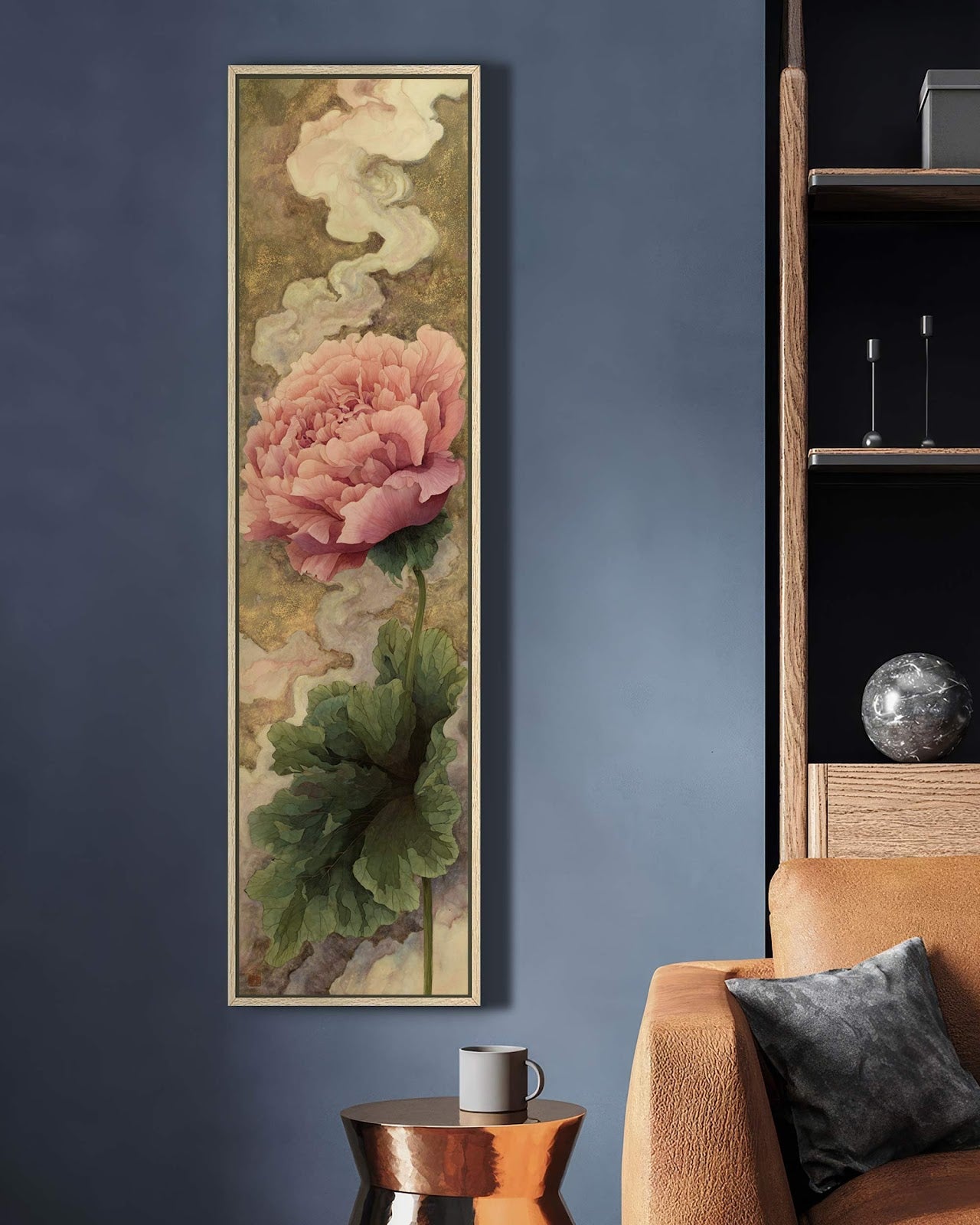 Vertical canvas wall art in interior setting.