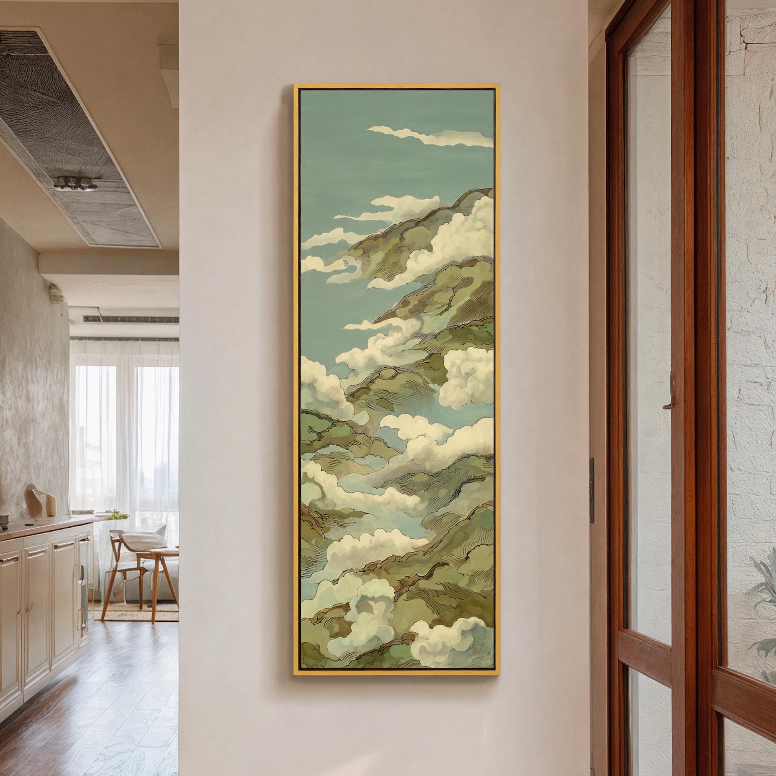 Vertical canvas wall art in interior setting.