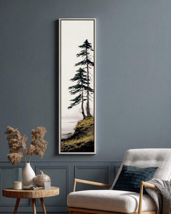 Vertical canvas wall art in interior setting.