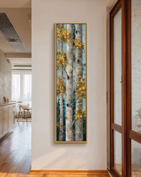 Vertical canvas wall art in interior setting.