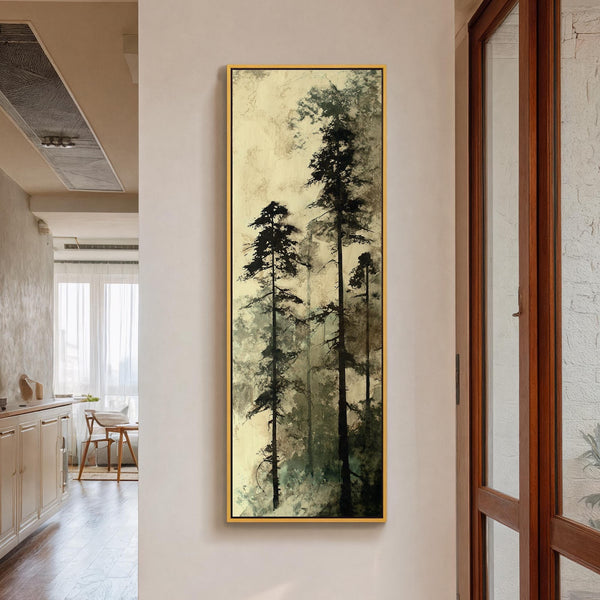 Vertical canvas wall art in interior setting.
