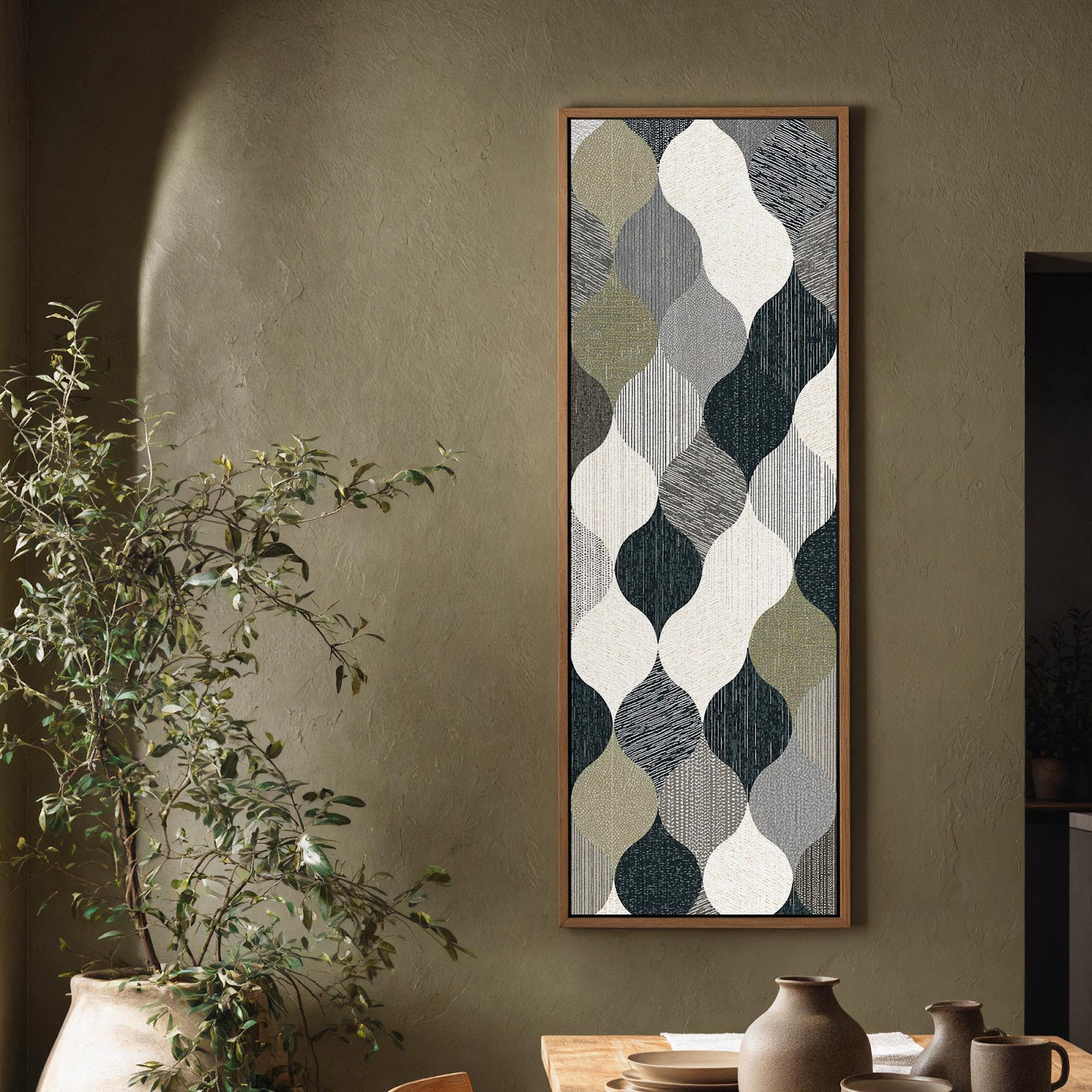 Vertical canvas wall art in interior setting.