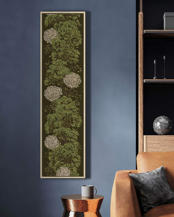 Vertical canvas wall art in interior setting.