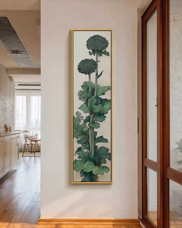 Vertical canvas wall art in interior setting.