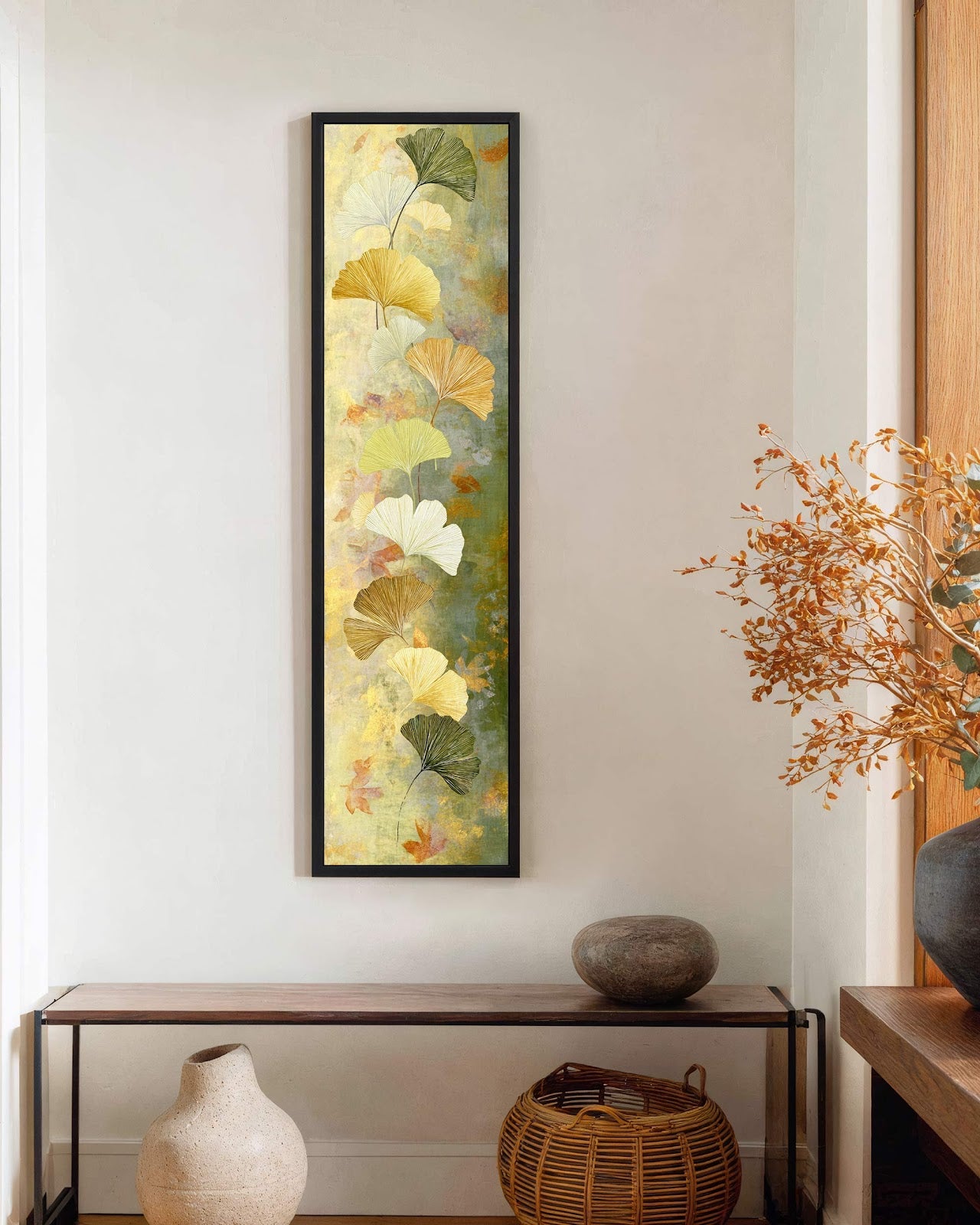Vertical canvas wall art in interior setting.
