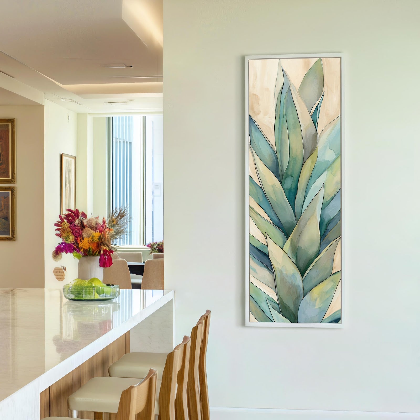 Vertical canvas wall art in interior setting.