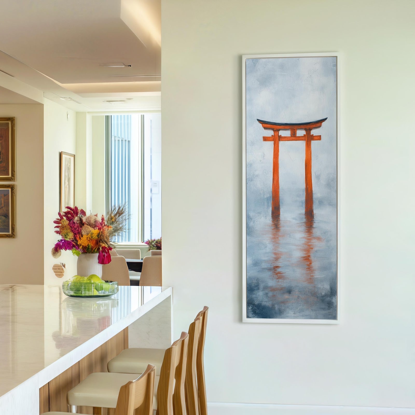 Vertical canvas wall art in interior setting.