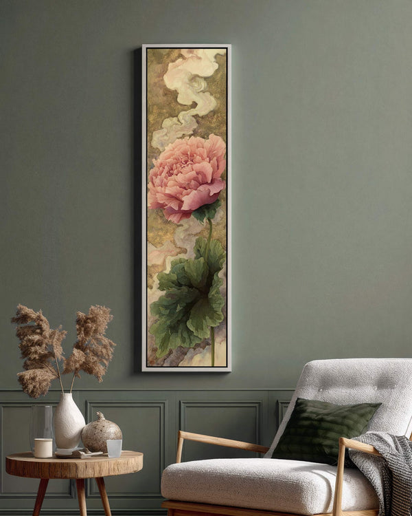 Vertical canvas wall art in interior setting.