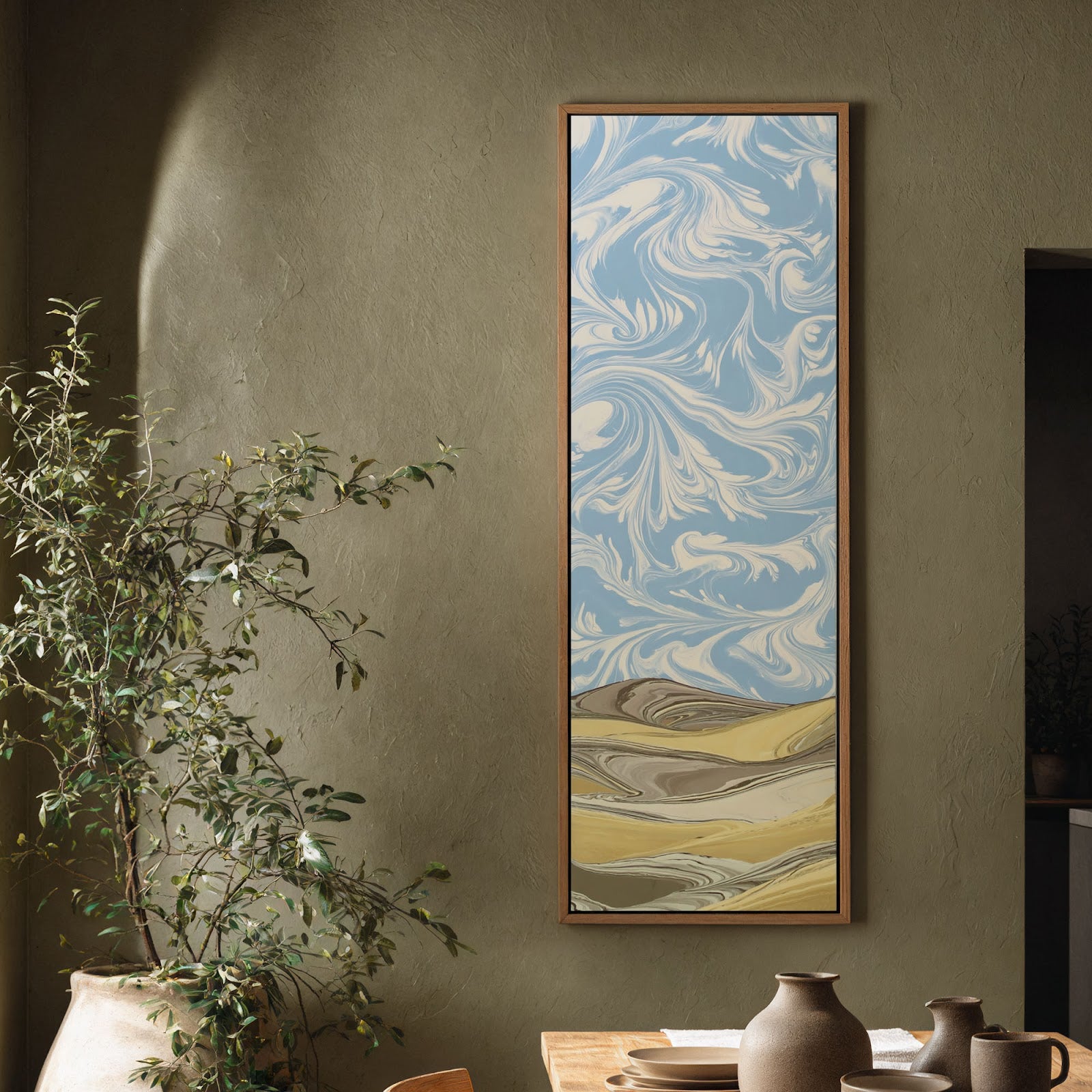Vertical canvas wall art in interior setting.
