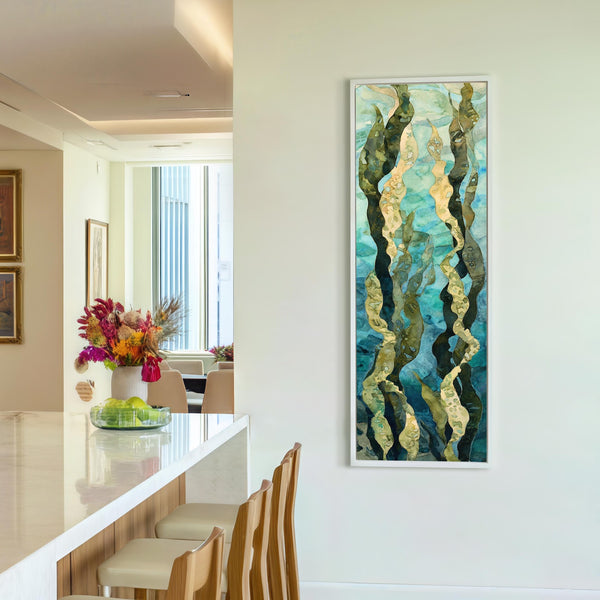 Vertical canvas wall art in interior setting.