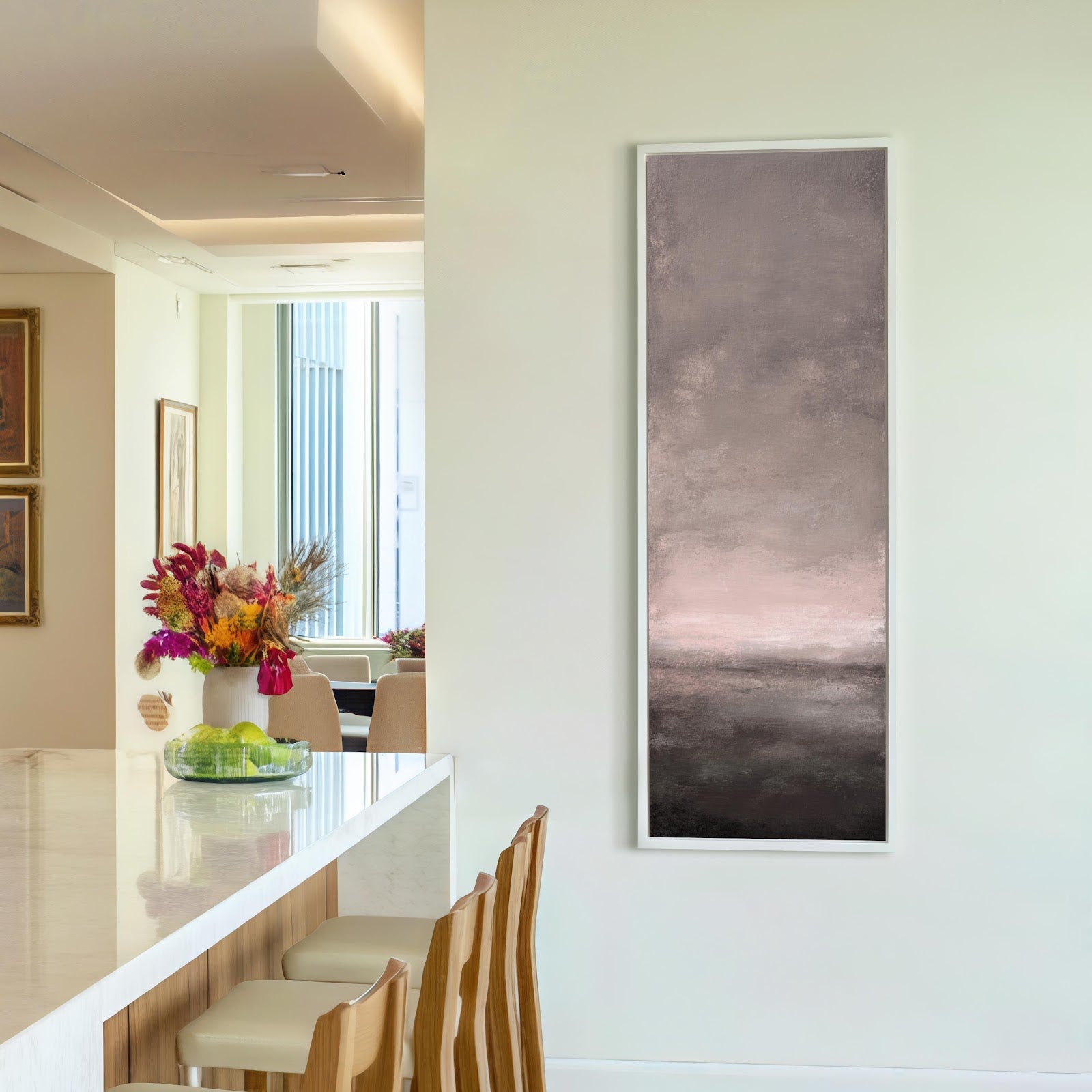 Vertical canvas wall art in interior setting.