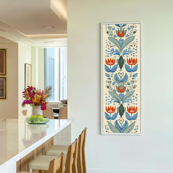 Vertical canvas wall art in interior setting.