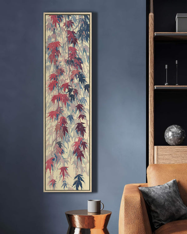 Vertical canvas wall art in interior setting.