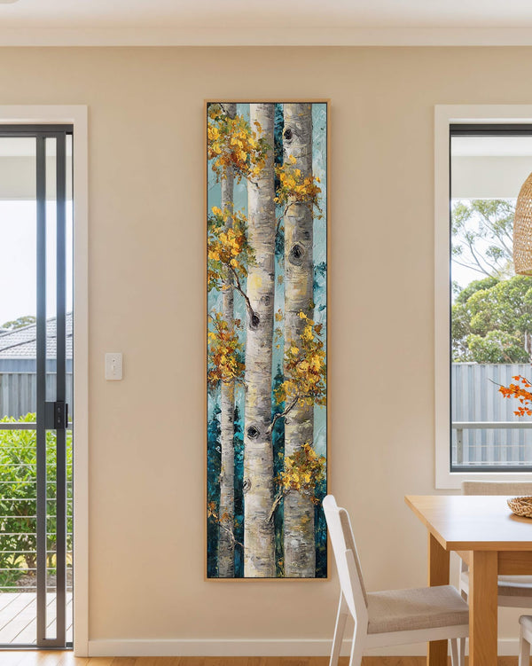 Vertical canvas wall art in interior setting.