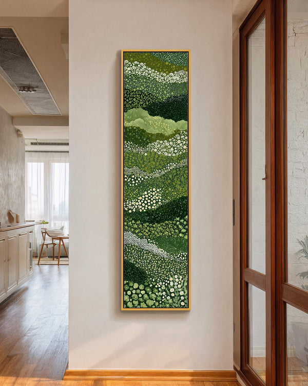 Vertical canvas wall art in interior setting.