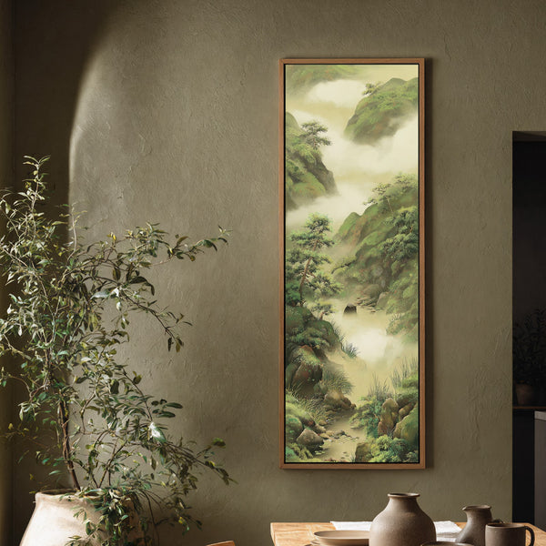 Vertical canvas wall art in interior setting.