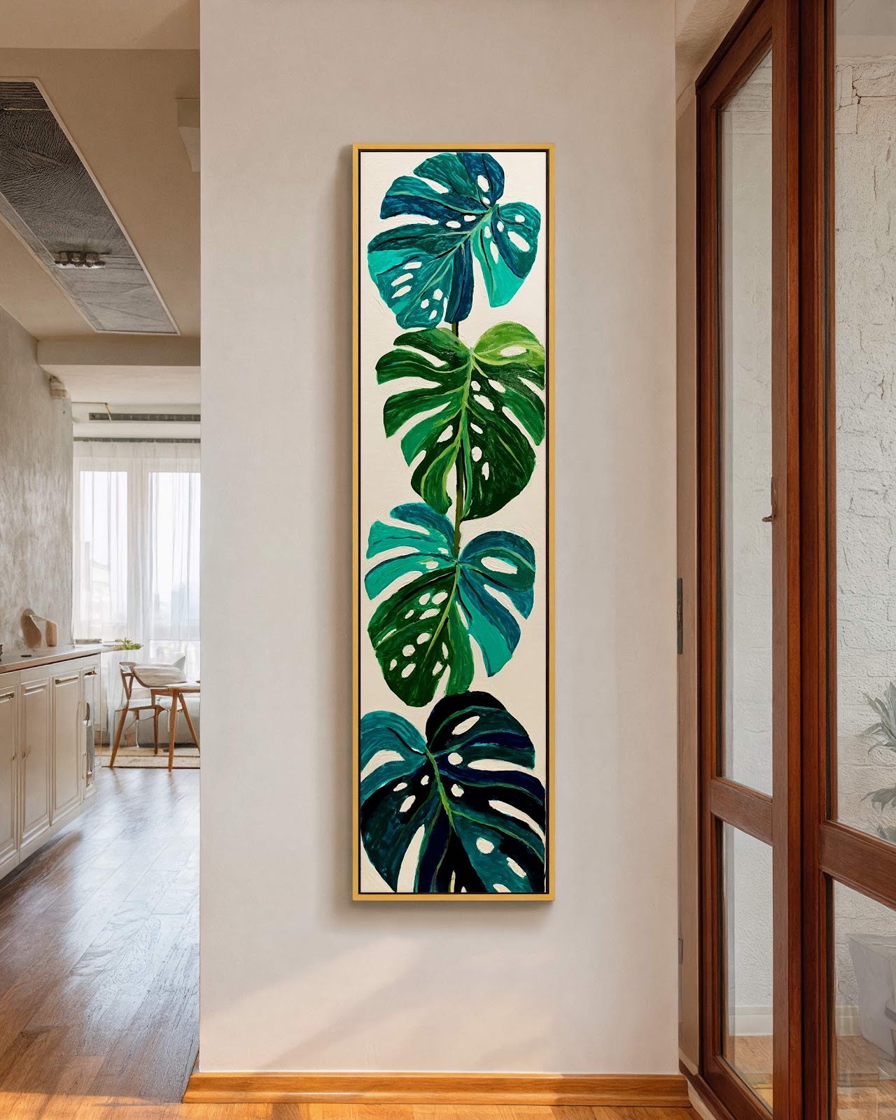 Vertical canvas wall art in interior setting.