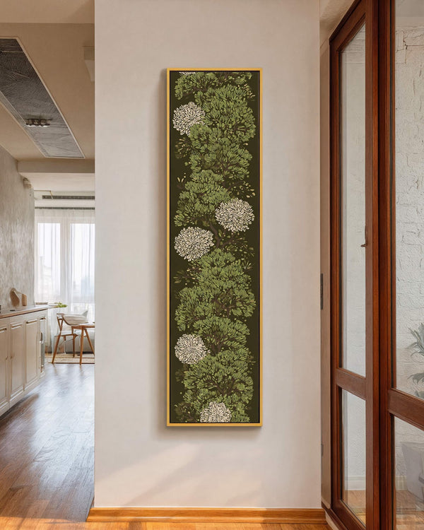 Vertical canvas wall art in interior setting.