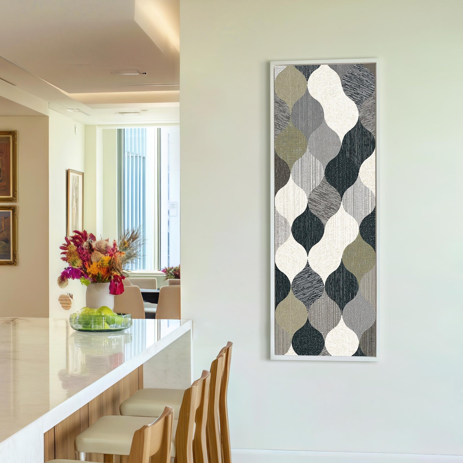 Vertical canvas wall art in interior setting.