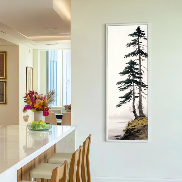 Vertical canvas wall art in interior setting.