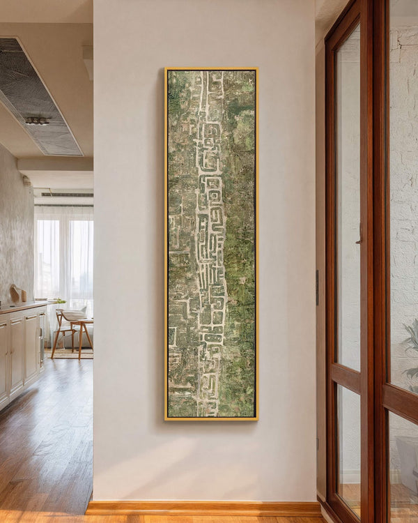 Vertical canvas wall art in interior setting.