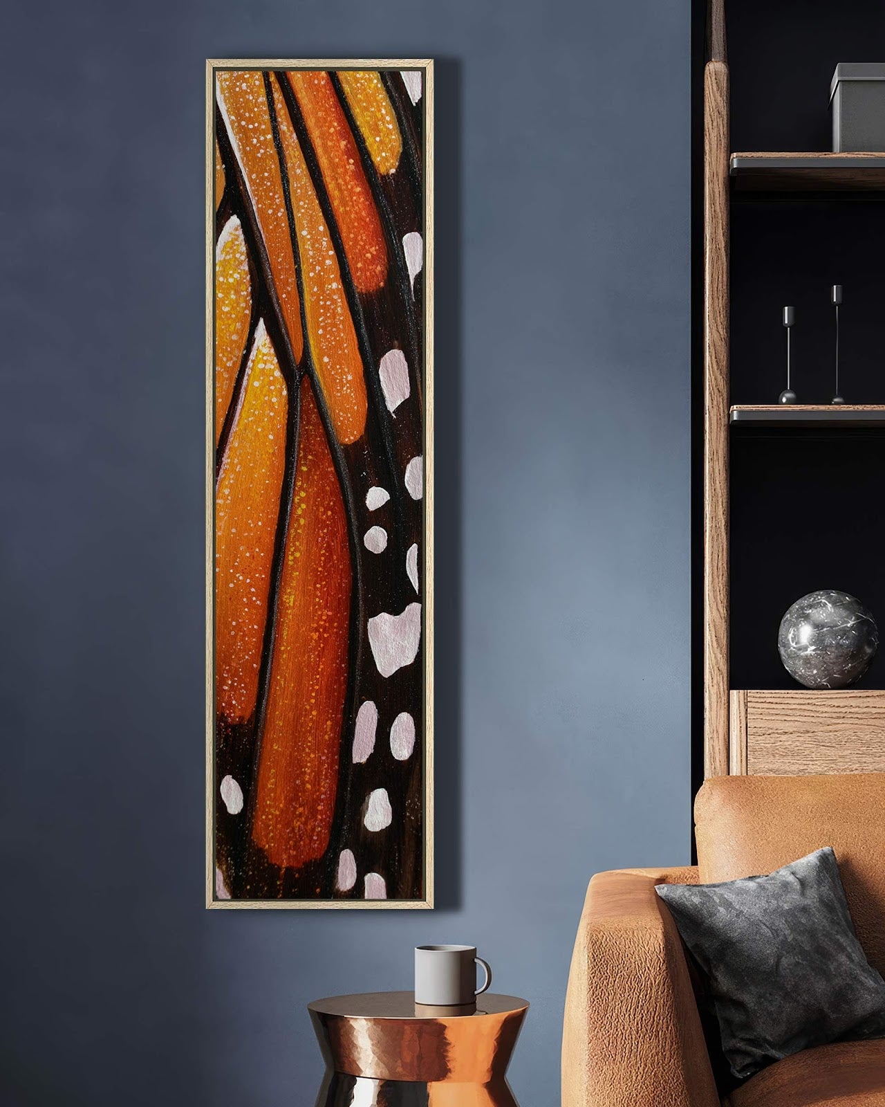 Vertical canvas wall art in interior setting.