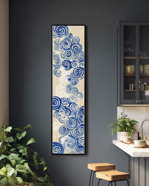 Vertical canvas wall art in interior setting.