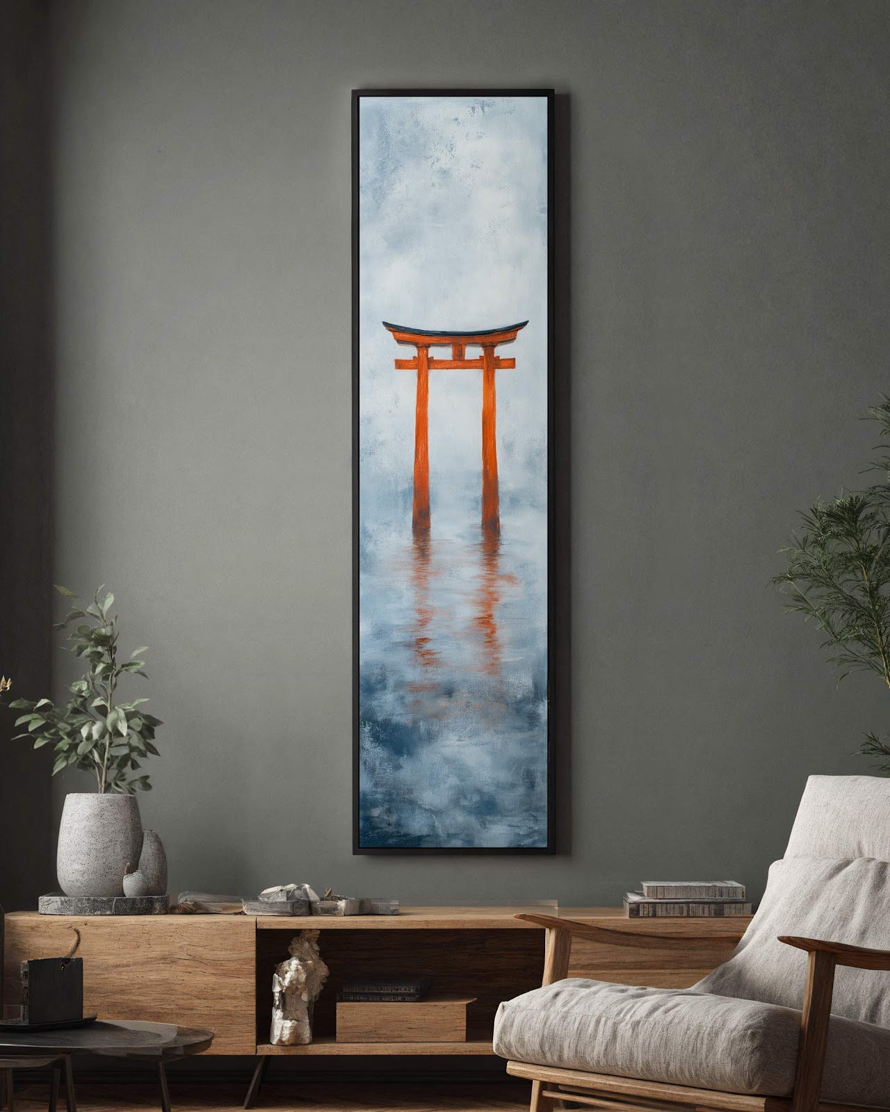 Vertical canvas wall art in interior setting.