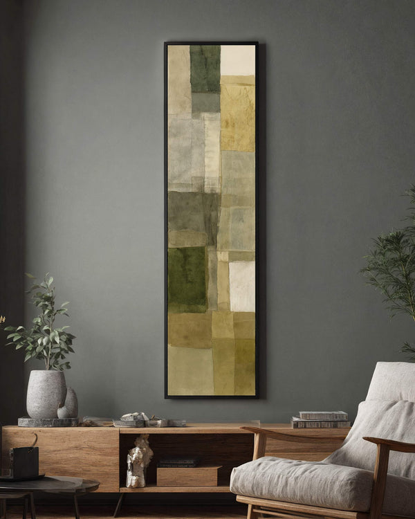 Vertical canvas wall art in interior setting.