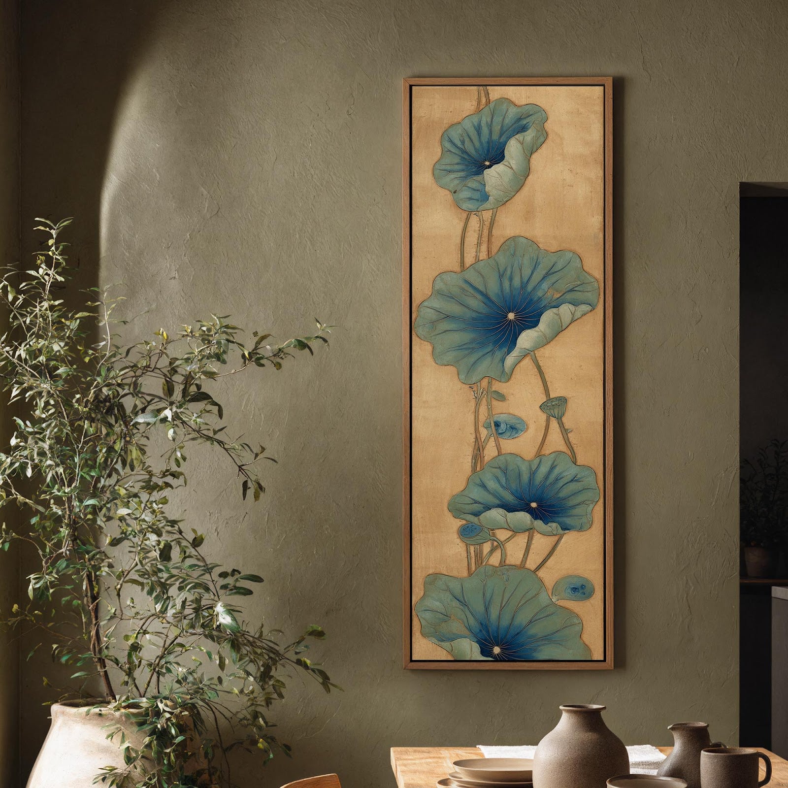 Vertical canvas wall art in interior setting.