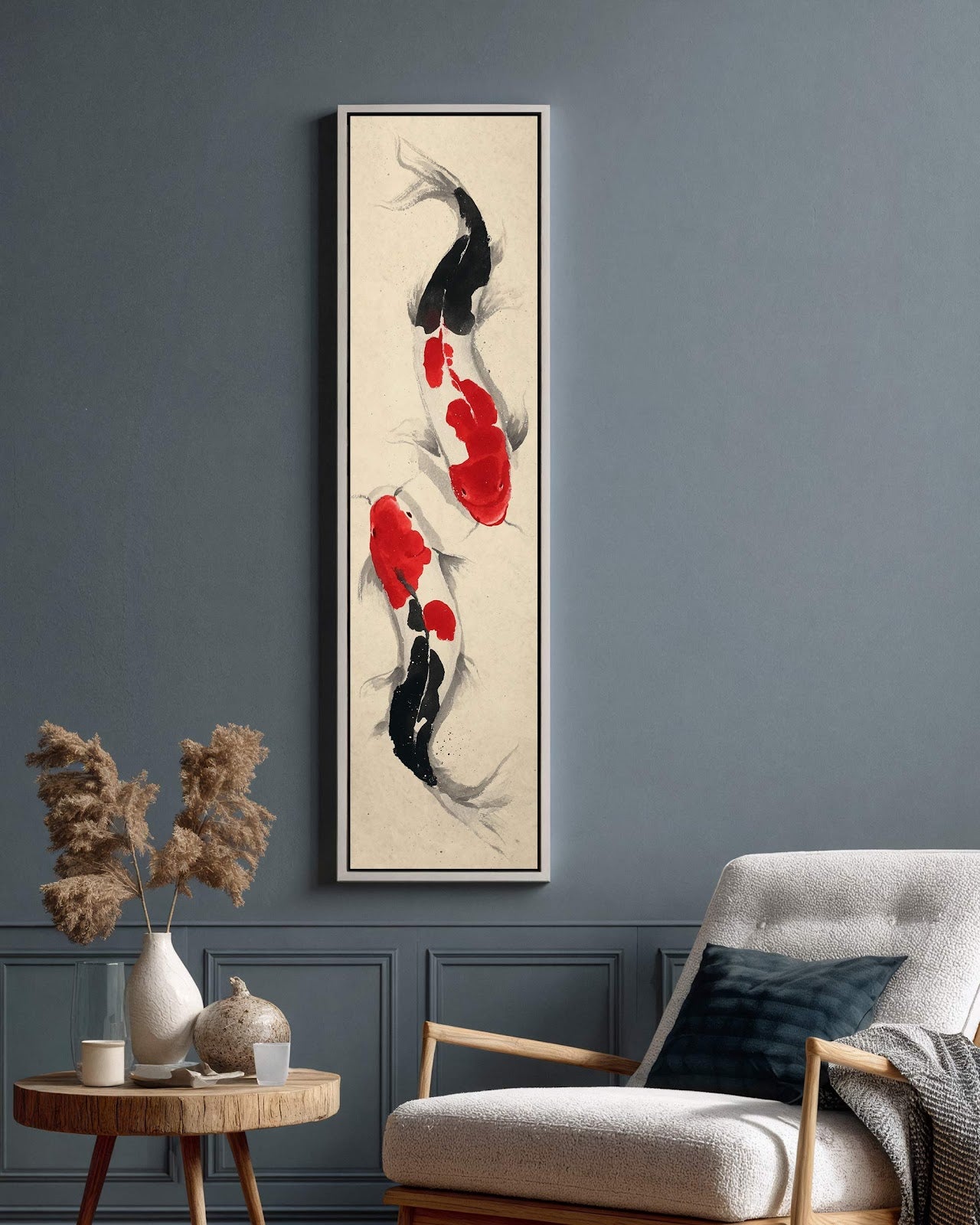 Vertical canvas wall art in interior setting.