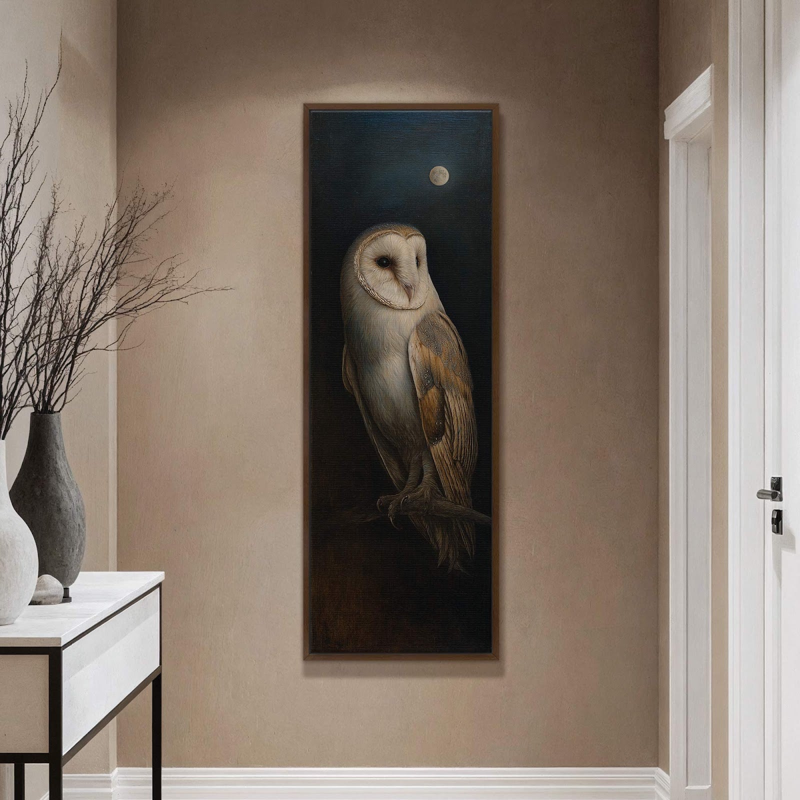 This vertical, realistic art print features a barn owl perched against a dark, moonlit sky, rendered in a muted natural palette and presented in a dark wood frame.