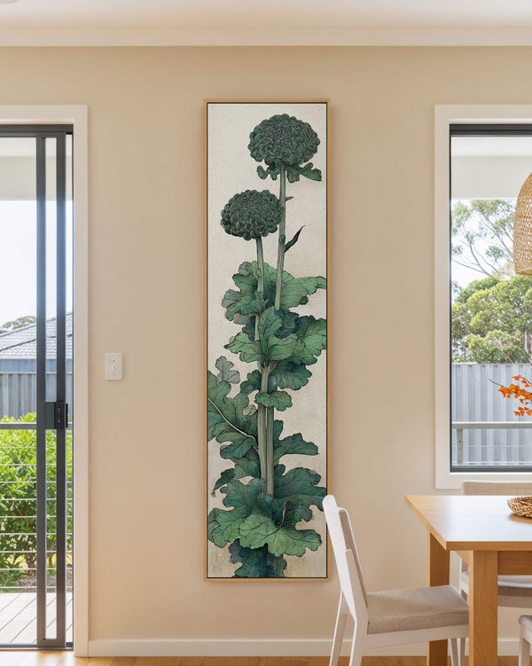 Vertical canvas wall art in interior setting.