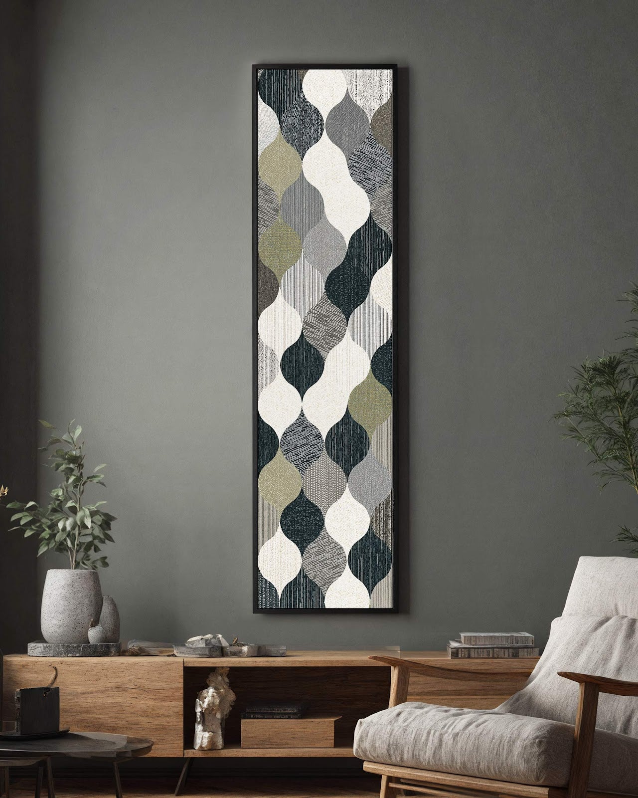 Vertical canvas wall art in interior setting.
