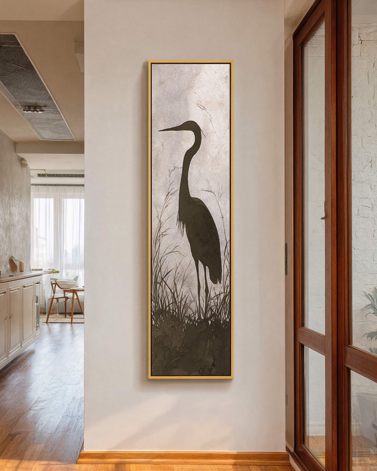 Vertical canvas wall art in interior setting.