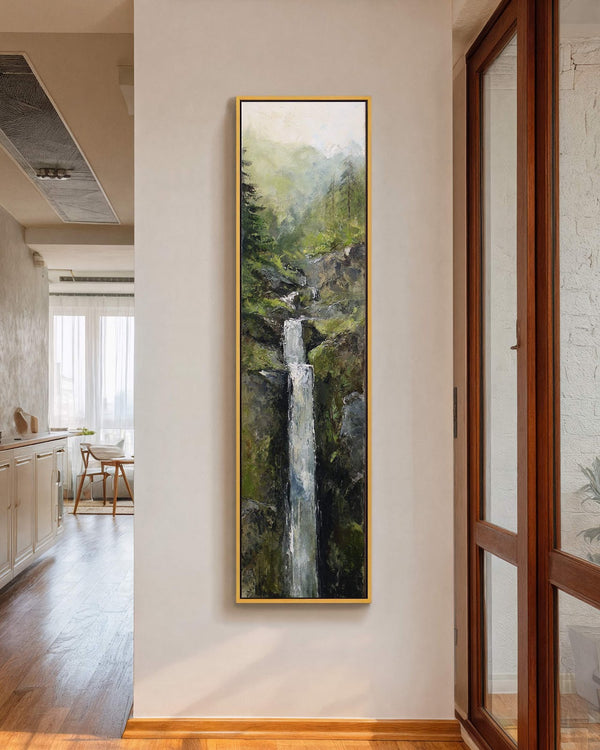 Vertical canvas wall art in interior setting.
