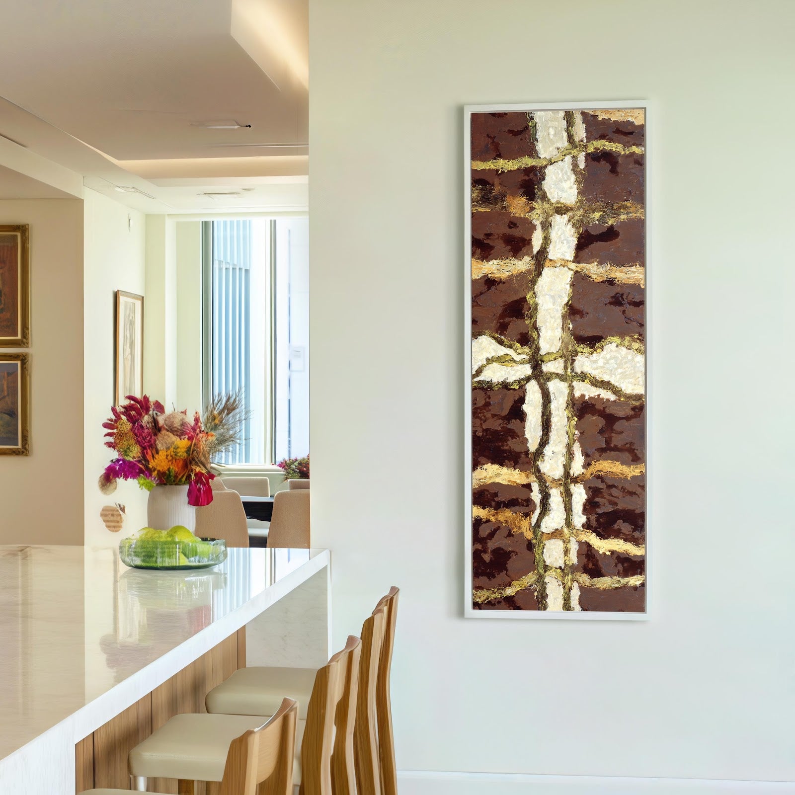 Vertical canvas wall art in interior setting.